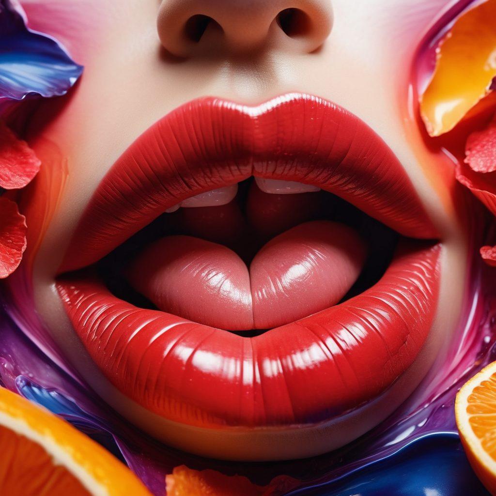 A mesmerizing close-up of a vibrant, abstract representation of lips and taste, surrounded by swirling colors symbolizing passion and desire. Elements like fruits and flowers are entwined in the design, creating a sensual ambiance. The background features soft gradients that evoke warmth and intimacy. super-realistic. vibrant colors. abstract art.
