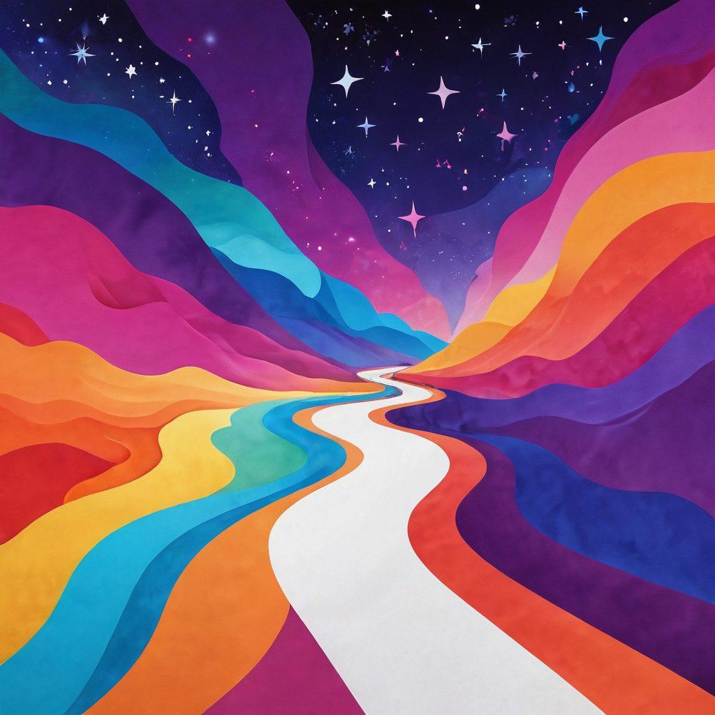 An abstract representation of a winding path symbolizing a journey, with vibrant, flowing colors that illustrate desire transforming to satisfaction. Along the path, subtle icons of lips and abstract shapes representing exploration and intimacy float beside luminous stars. The background should blend soft gradients that evoke a sense of warmth and curiosity, inviting the viewer to experience the journey. super-realistic. vibrant colors. white background.