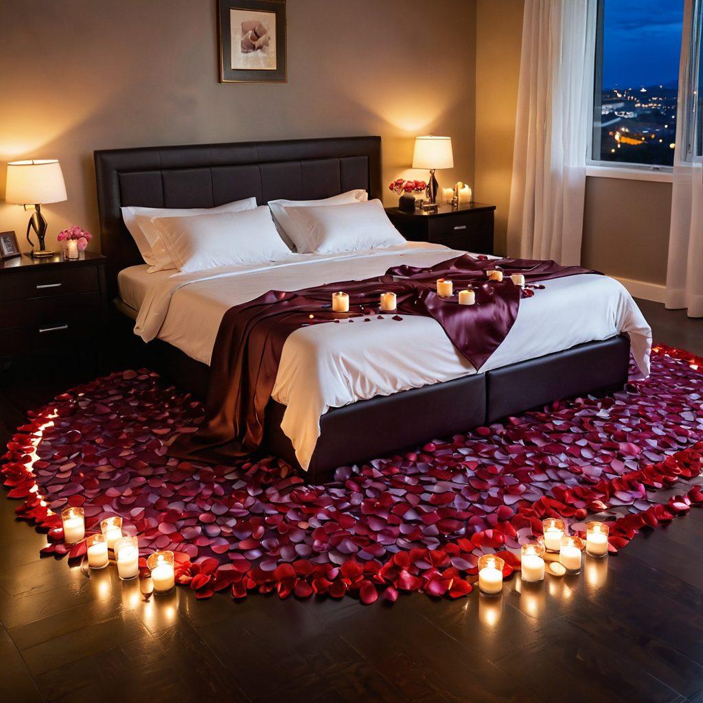 A beautifully arranged intimate setting with soft candlelight, rose petals scattered on the floor, and a plush bed draped in silk sheets. In the background, musical notes gracefully float through the air, symbolizing a connection between touch and sound. Subtle hints of aromatic essential oils and an enticing color palette of deep reds and soft purples create a romantic atmosphere. The scene evokes feelings of luxury and sensuality, inviting the viewer to indulge. super-realistic. vibrant colors. soft focus.